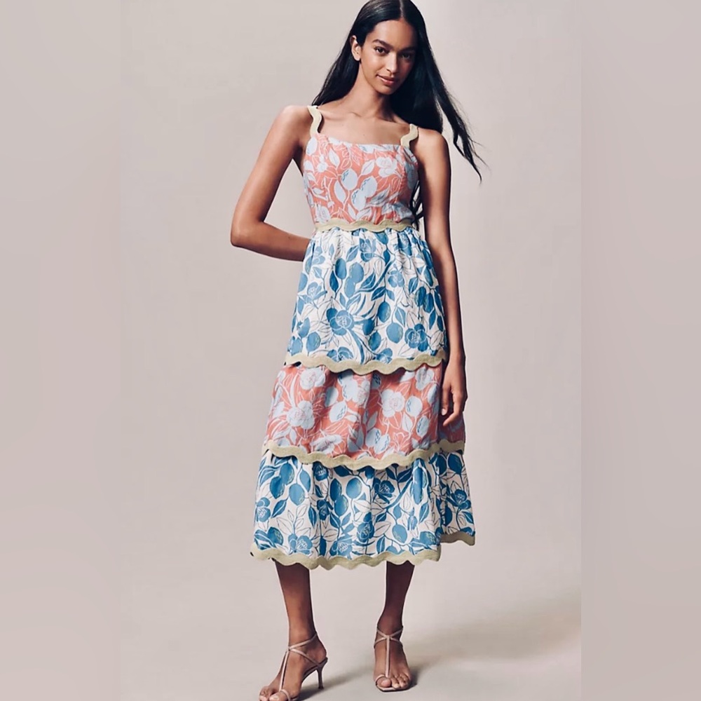 FARM Rio Pink and Blue Floral Tiered Midi Dress